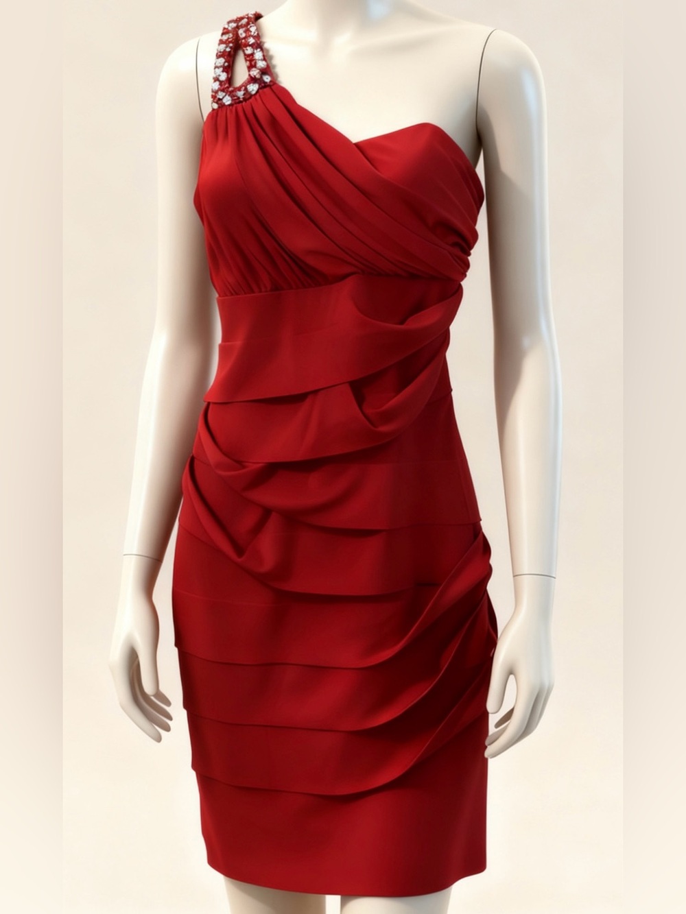 Deb Red One-Shoulder Ruched Cocktail Dress with Jeweled Strap